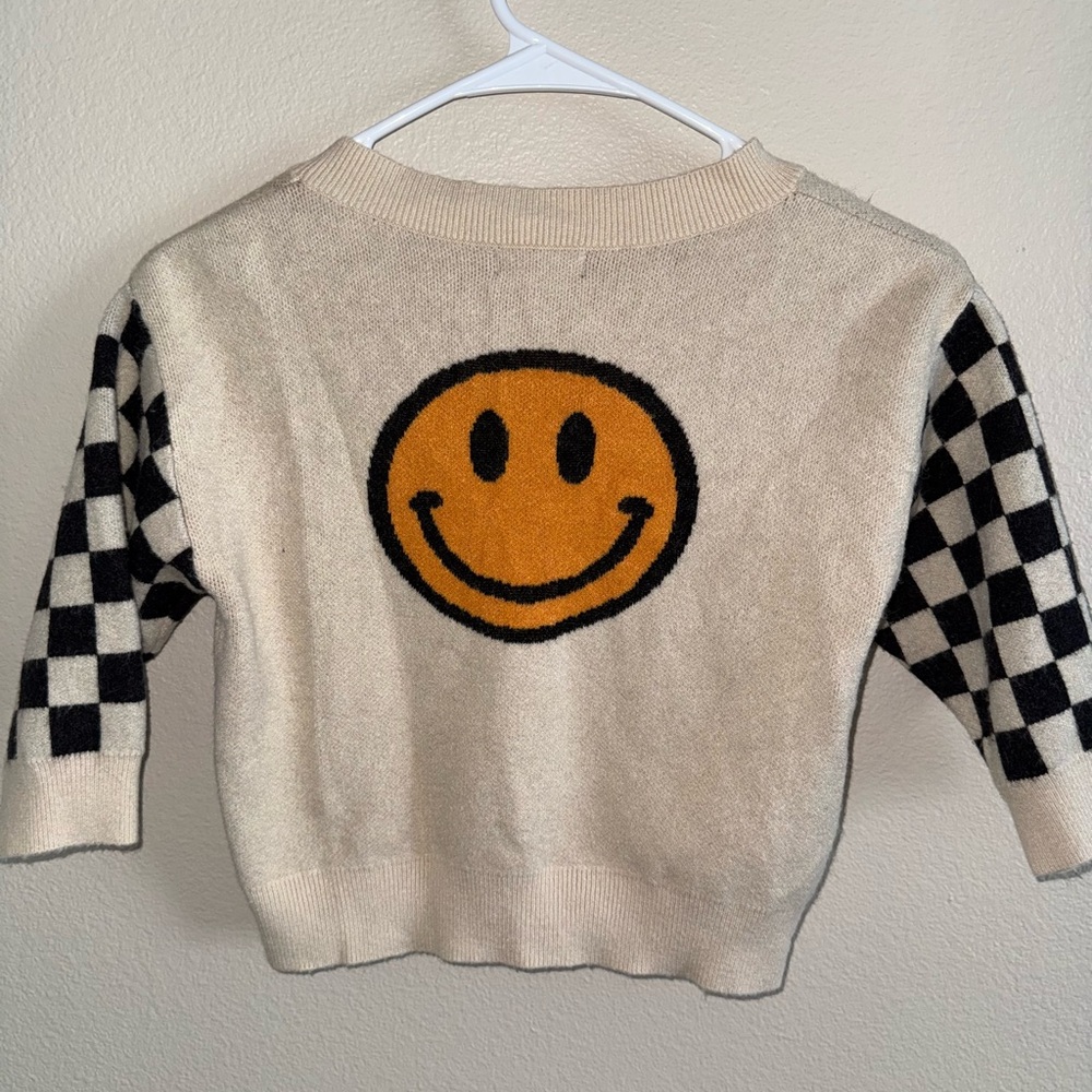Originality Smiley Face‎ Cardigan Sweater with Checkered Sleeve size 6